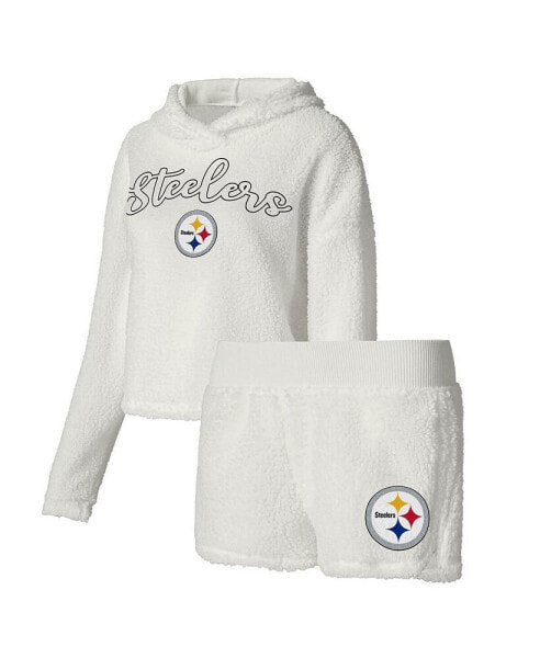 Women's White Pittsburgh Steelers Fluffy Pullover Sweatshirt Shorts Sleep Set