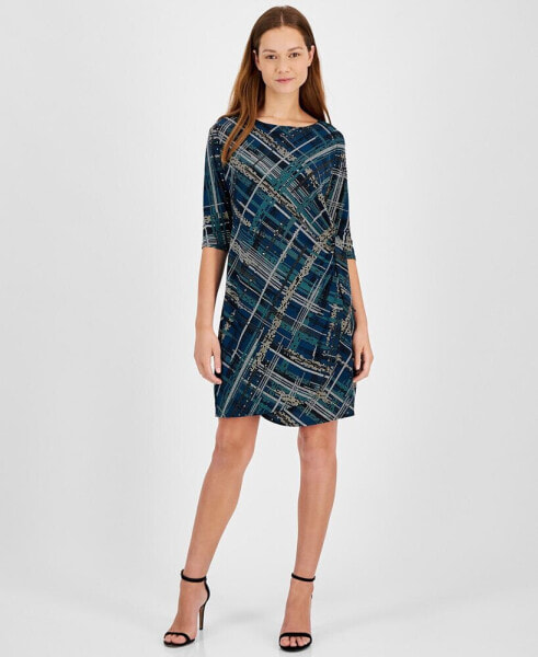 Petite 3/4-Sleeve Gathered-Waist Jersey Shift Dress