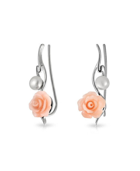Trendy 3D Pink Rose Flower White Freshwater Cultured Pearl Wire Ear Pin Climbers Crawlers Earrings For Women .925 Sterling Silver