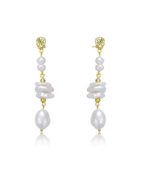 Stylish Sterling Silver 14K Gold Plating and Genuine Freshwater Pearl Dangling and Drop Earrings