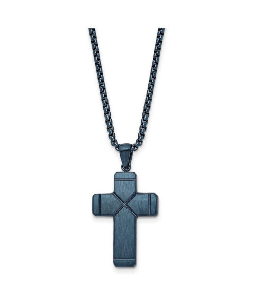 Chisel brushed Blue IP-plated Cross Pendant 19.5 inch Box Chain