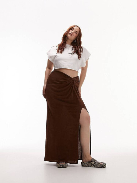 Topshop Curve slinky twist front maxi skirt in chocolate
