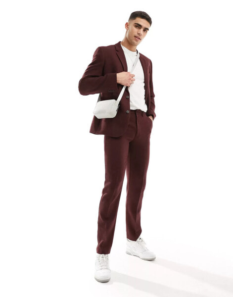 ASOS DESIGN slim fit wool mix suit trousers in burgundy twill