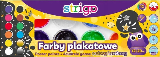 Strigo Farby plakatowe STRIGO, 12 kolorów z kolorem złotymi srebrnym