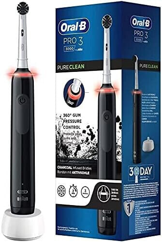 Oral-B PRO 3 3000 Pure Clean Electric Toothbrush, with 3 Cleaning Modes and Visual 360° Pressure Control for Dental Care, Bristles with Activated Carbon, Designed by Braun, Black