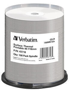 Диск CD-R теплопереносимый Verbatim 52x 120 мм 700 МБ, шпиндель, 100 шт.
