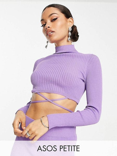 ASOS DESIGN Petite co-ord crop knitted top with tie detail in purple
