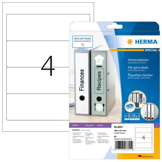 HERMA File spine labels A4 192x61 mm white paper matt opaque 40 pcs. - White - Rounded rectangle - Permanent - A4 - Paper - Matte