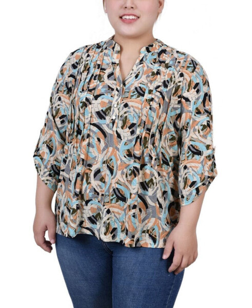 Plus Size 3/4 Roll Tab Sleeve Y-Neck Top