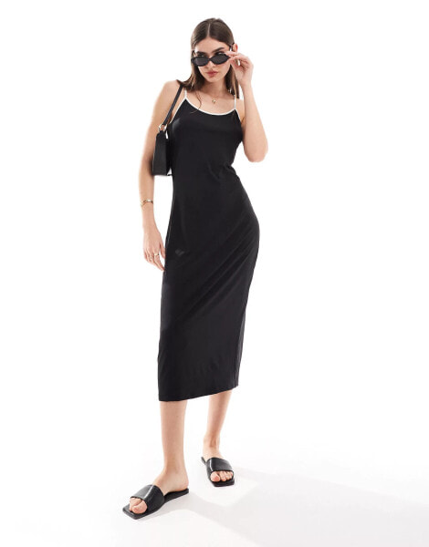 Vila jersey midi cami dress in black with contrast white tipping