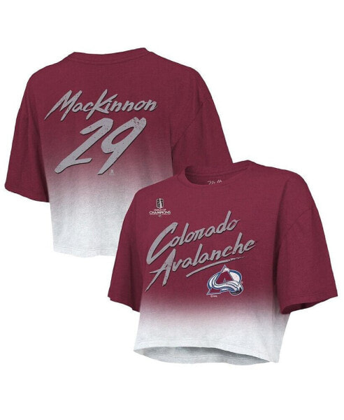 Women's Threads Nathan MacKinnon Burgundy Colorado Avalanche 2022 Stanley Cup Champions Dip Dye Boxy Crop T-shirt