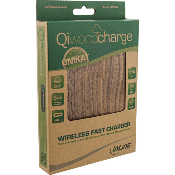 InLine Qi woodcharge - wireless fast charger - 5/7,5/10W/15W - USB-C - w/o logo