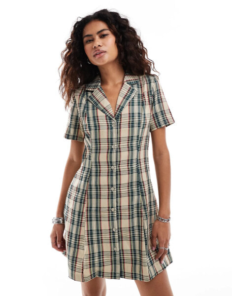 Something New button through mini shirt dress in navy and beige check