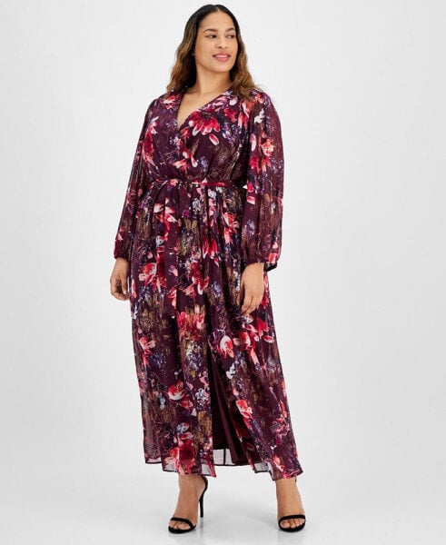 Plus Size Printed Surplice Wrap Maxi Dress