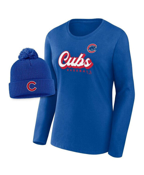 Women's Royal Chicago Cubs Run The Bases Long Sleeve T-shirt and Cuffed Knit Hat with Pom Combo Set