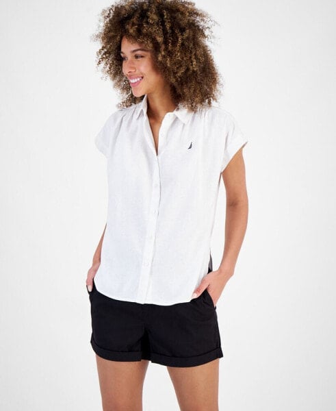 Women's Linen-Blend Cap-Sleeve Camp Shirt