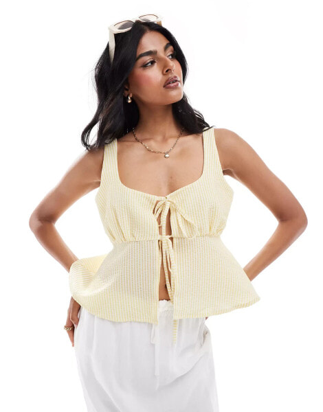 ASOS DESIGN textured tie front top in lemon stripe co ord