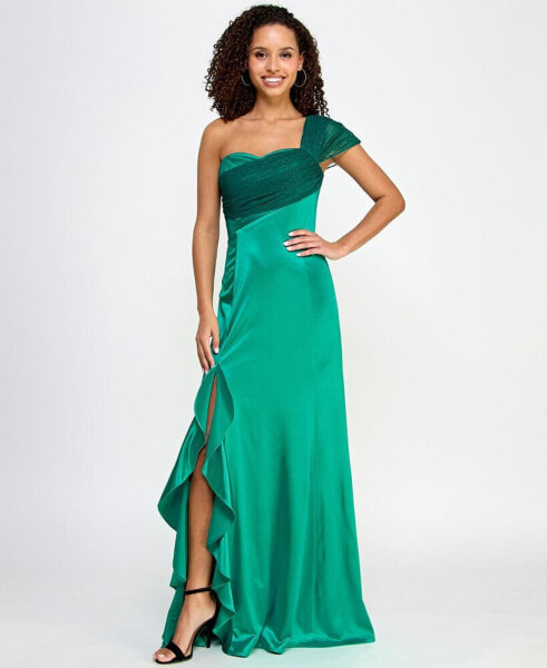 Juniors' One-Shoulder Tulle-Bodice Gown