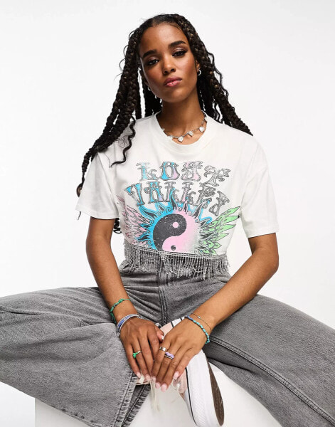 ASOS DESIGN boxy cropped t-shirt with festival graphic and diamante trim in white