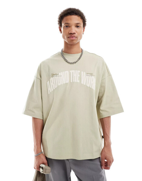 Dr Denim Curtis oversized fit around the world embossed t-shirt in bean around green