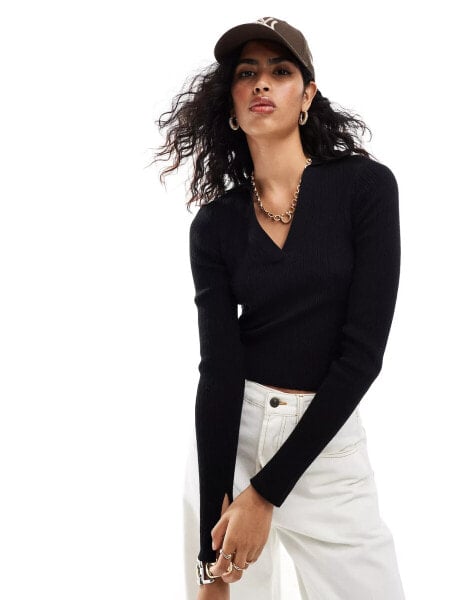 ASOS DESIGN knitted top with collar and buttons in black