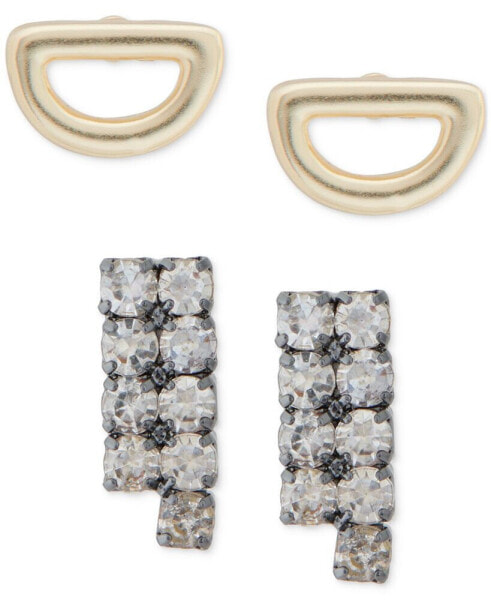 Two-Tone 2-Pc. Set Half-Circle & Crystal Stud Earrings