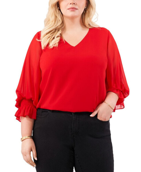 Plus Size Blouson-Sleeve V-Neck Blouse