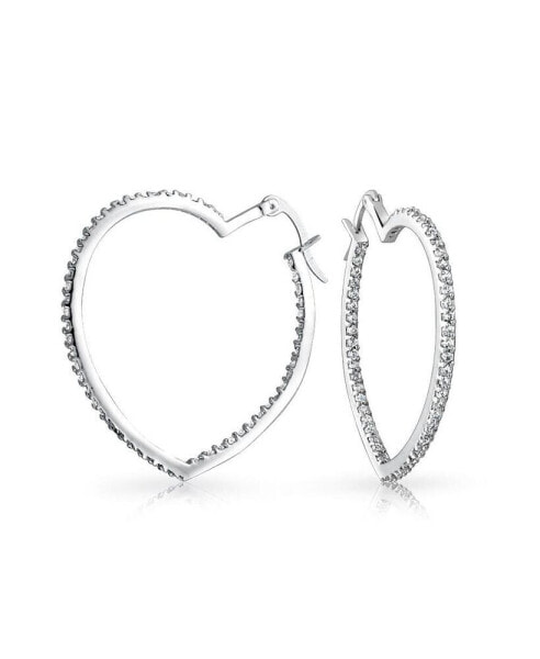 Heart Shaped Inside Out Cubic Zirconia Pave CZ Large Hoop Earrings For Women Girlfriend Rhodium Plated Brass 1.5 In Diameter