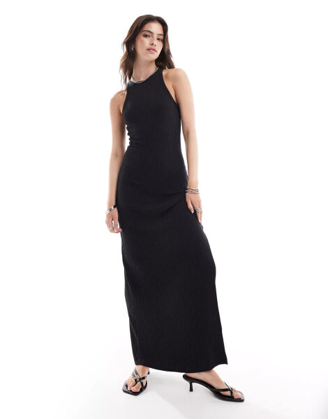 Miss Selfridge rib halter neck midi dress in black