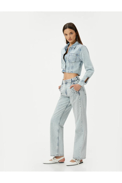 Yüksel Bel Düz Paça Taşlı Kot Pantolon Cepli - Eve Straight Jeans