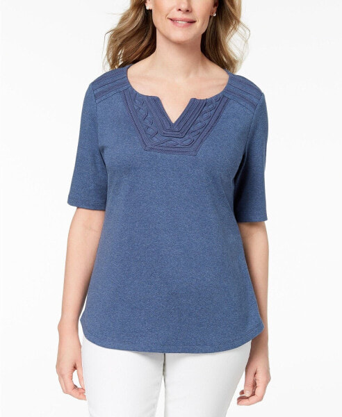 Karen Scott Women's Cotton Tonal Trim Top Heather Indigo Women's Size XS