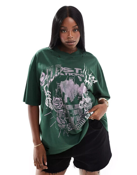 ASOS DESIGN Curve nibbled oversized t-shirt with cutabout rock graphic in dark green