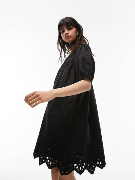 Topshop channelled mini oversized dress with broderie trim in black