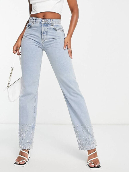 ASOS DESIGN 90s straight jeans in light blue with embelished hem