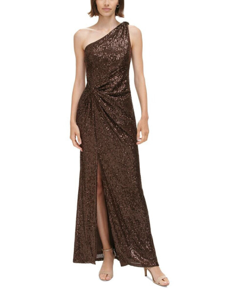 Women's Sequined One-Shoulder Side-Twist Gown