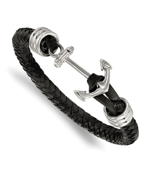 Stainless Steel Polished Anchor Black Braided Leather Bracelet