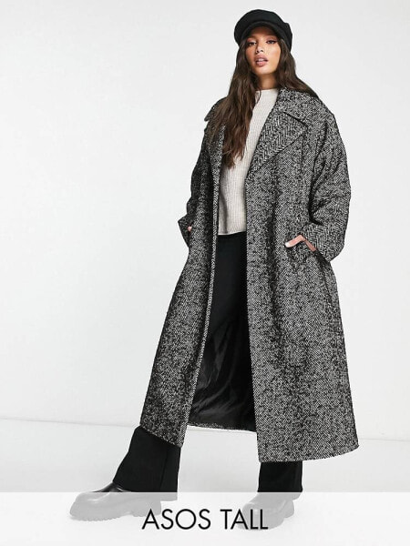 ASOS DESIGN Tall smart herringbone belted coat in black and white