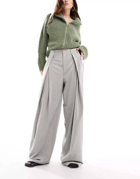 Bershka wrap over tailored trousers in stone