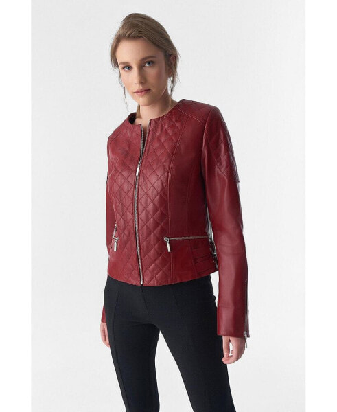 Women's Genuine Leather Quilted Biker Jacket, Burgundy