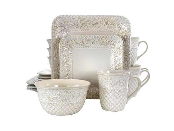 Elama Ivory Lotus 16 Piece Square Dinnerware Set