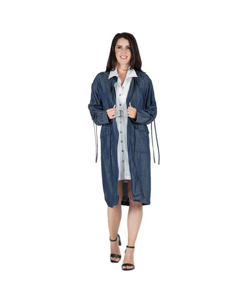 Women's Denim Tencel Hooded Long Trench Coat