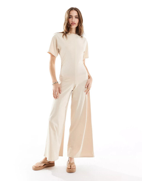 ASOS DESIGN ruched side jumpsuit with wide leg in stone