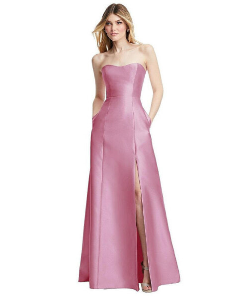 Womens Strapless A-line Satin Gown with Modern Bow Detail