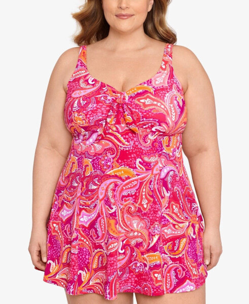 Swim Solutions Plus Size Printed Bow-Front Swimdress Paisley Patch Size 18W