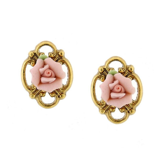 Gold-Tone Pink Porcelain Rose Button Earrings