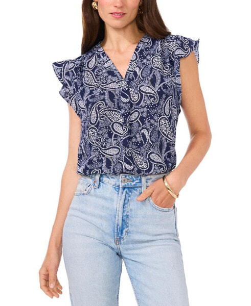 Women's Paisley V-Neck Flutter-Sleeve Top