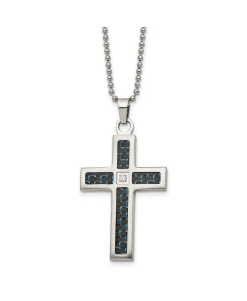Chisel brushed Carbon Fiber Inlay CZ Cross Pendant Ball Chain Necklace
