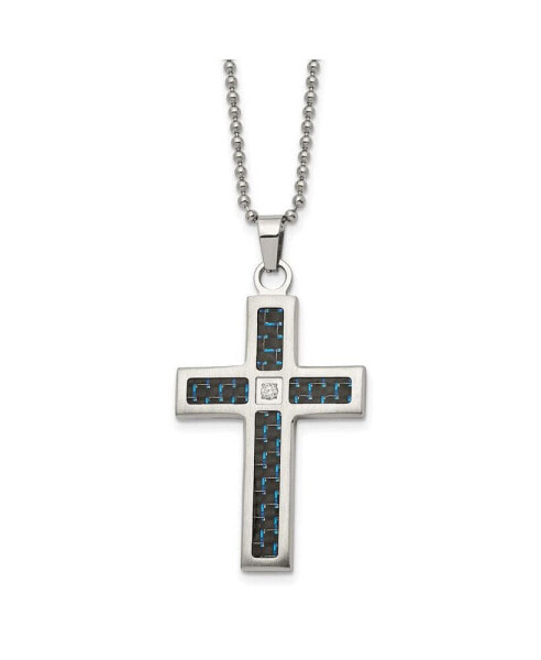 Brushed Carbon Fiber Inlay CZ Cross Pendant Ball Chain Necklace