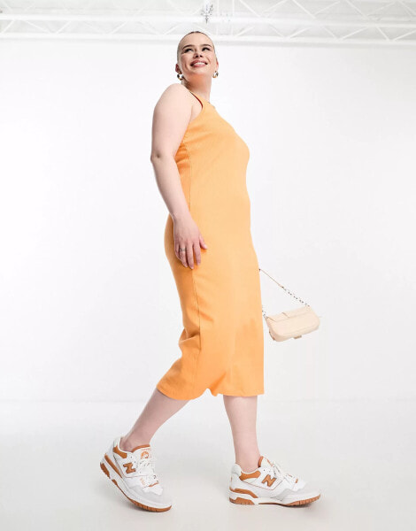 Vero Moda Curve sleeveless jersey bodycon midi dress in orange