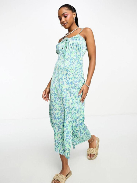 JDY ruched detail midi dress in green abstract leo print